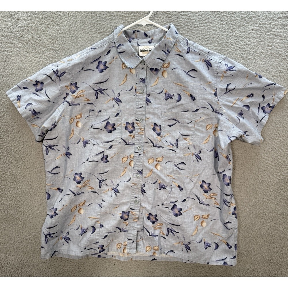 Vintage Bentley Plus Shirt Womens 22 Blue‎ Floral Linen Blend Nautical Coastal